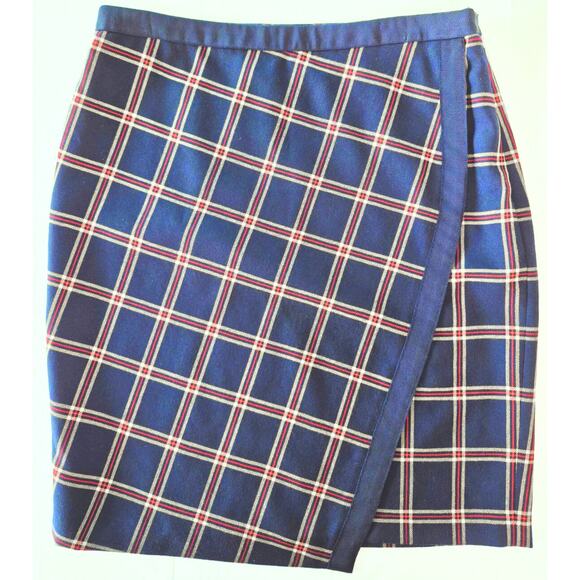 Brooks Brothers Tartan Plaid Wool Skirt Sz 10 Faux Wrap Blue Red Academia Preppy - Picture 2 of 10